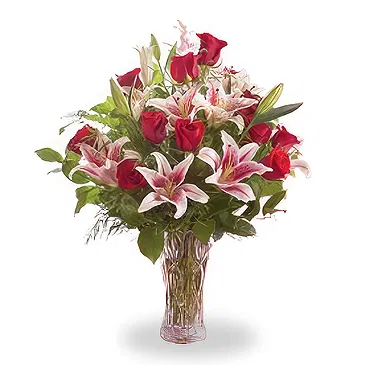 China flowers  -  Glass Vase with Red Roses and Pink Casablanca Flower Bouquet/Arrangement