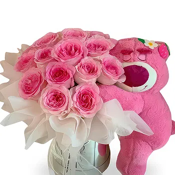 Balin You flowers  -  Pink Roses Box with Adorable Pink Bear Delivery
