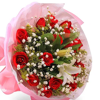 Balin You flowers  -  Red Roses and White Lily with Baby’s Breath B Flower Delivery