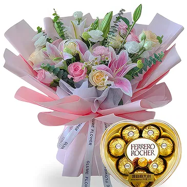China flowers  -  Champagne Roses & Pink Lilies Hand Bouquet wi Flower Bouquet/Arrangement
