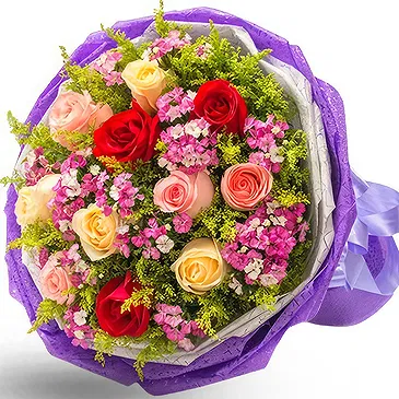 China flowers  -  Vibrant Red, Pink, and Champagne Roses Flower Bouquet/Arrangement