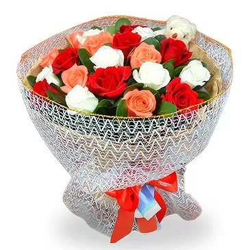 China flowers  -  Romantic Red, White, and Pink Roses with Bear Flower Bouquet/Arrangement