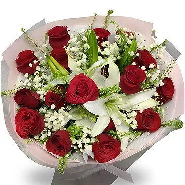 China flowers  -  Red Roses & White Lilies with Greenery Flower Bouquet/Arrangement
