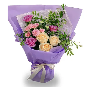 China flowers  -  Purple and Champagne Rose Bouquet with White  Flower Bouquet/Arrangement