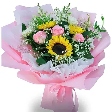 China flowers  -  Bright Sunflower Bouquet with White and Pink  Flower Bouquet/Arrangement