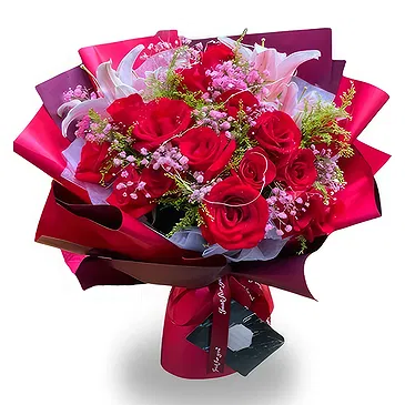 China flowers  -  Passionate Red Rose and Pink Lily Floral Arra Flower Bouquet/Arrangement