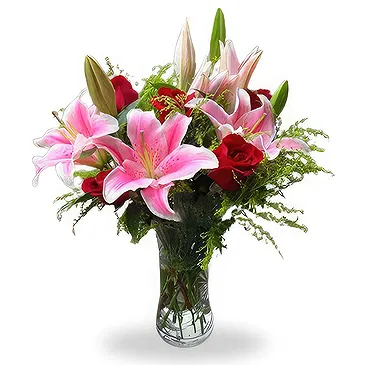 China flowers  -  Elegant Red Roses with Soft Pink Lilies Arran Flower Bouquet/Arrangement