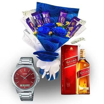 Asipulo flowers  -  Roses, Chocolate, Whiskey & Casio Watch Flower Bouquet/Arrangement