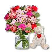 The Hague online Florist - Pink Flowers + Free Bear Bouquet