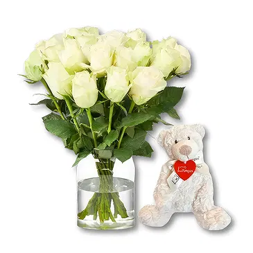 Holland flowers  -  White Roses + Free Bear Flower Bouquet/Arrangement