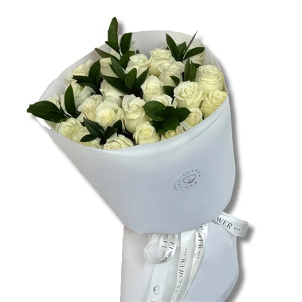 flores de Abu Dhabi- Rosas brancas premium e ruscus