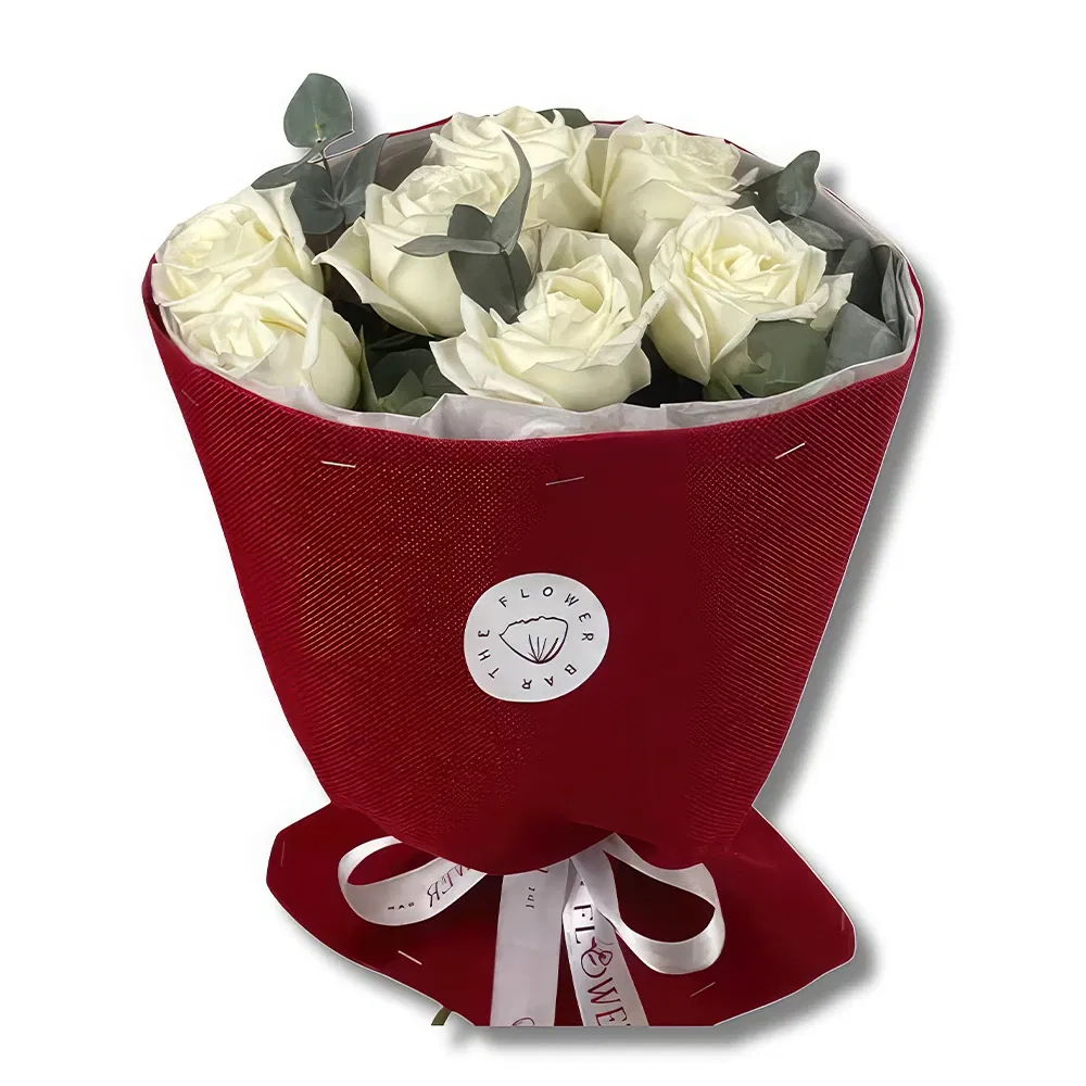 flores de Abu Dhabi- Rosas Brancas Premium com Eucalipto