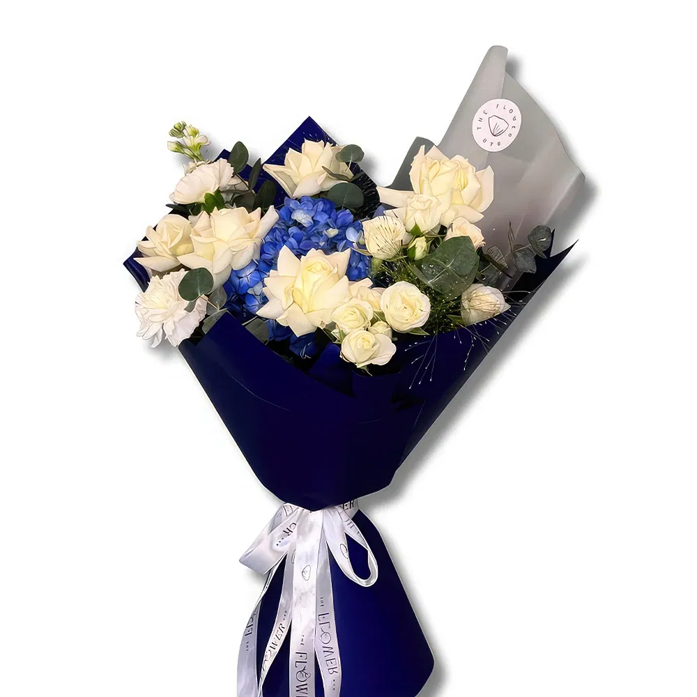 flores de Abu Dhabi- Rosas brancas premium e hortênsias azuis