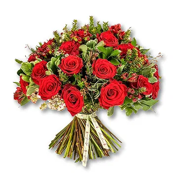 An-Najadah blomster- Bukett med kraftig rød rose og hypericum Blomst Levering