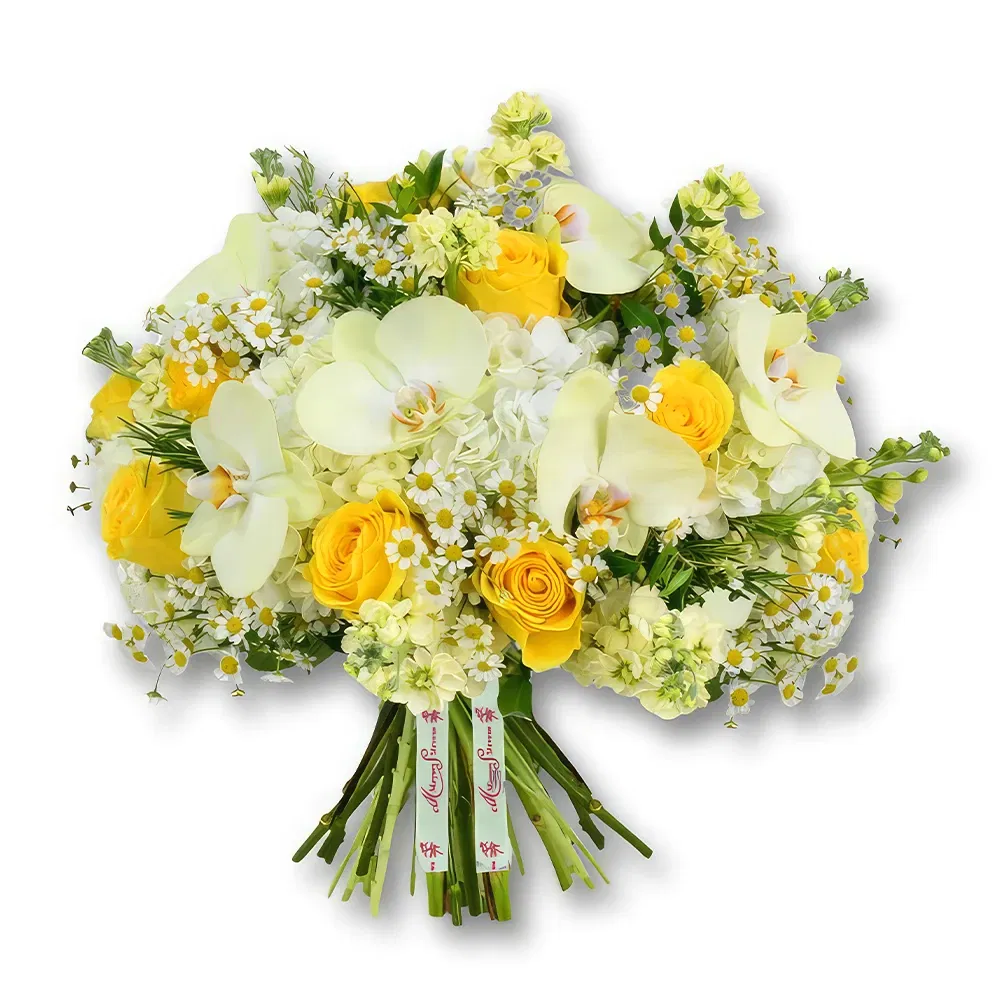 flores Qatar floristeria -  Ramo de hortensias blancas y rosas amarillas