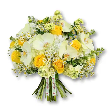An-Najadah blomster- Hvite hortensiaer og gule roser i bukett Blomst Levering