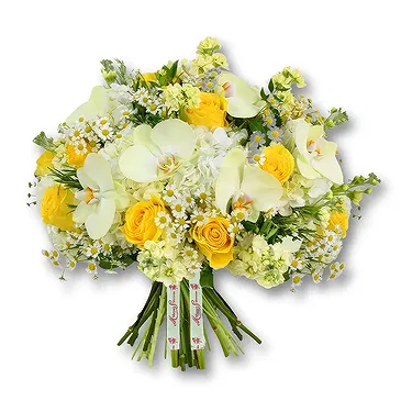 An-Najadah blomster- Hvite hortensiaer og gule roser i bukett Blomsterarrangementer bukett