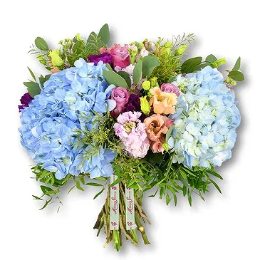 An-Najadah blomster- Bukett med blå hortensia og lilla roser Blomsterarrangementer bukett
