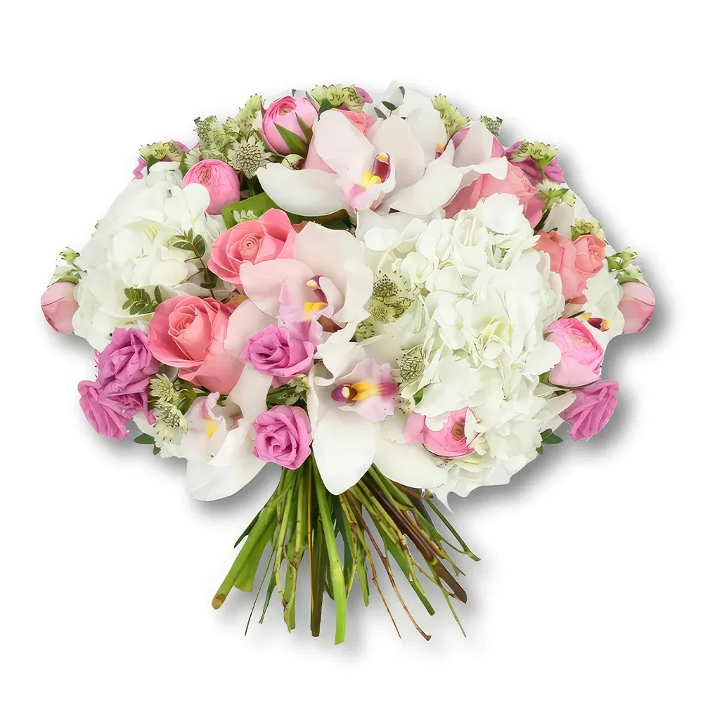 flores Qatar floristeria -  Ramo de hortensias blancas y rosas rosadas