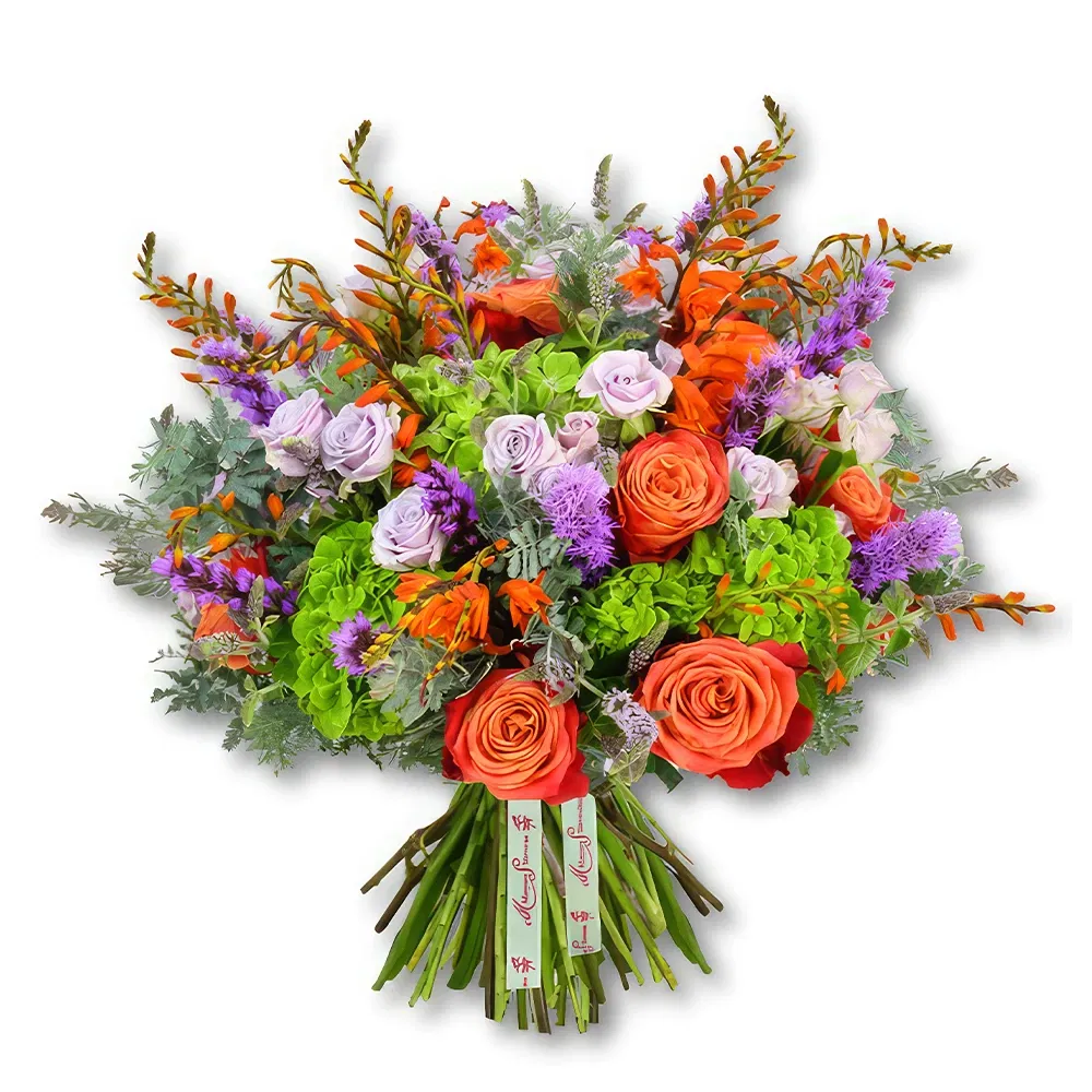 Dubai blommor- Bukett med orange rosor och grön hortensia