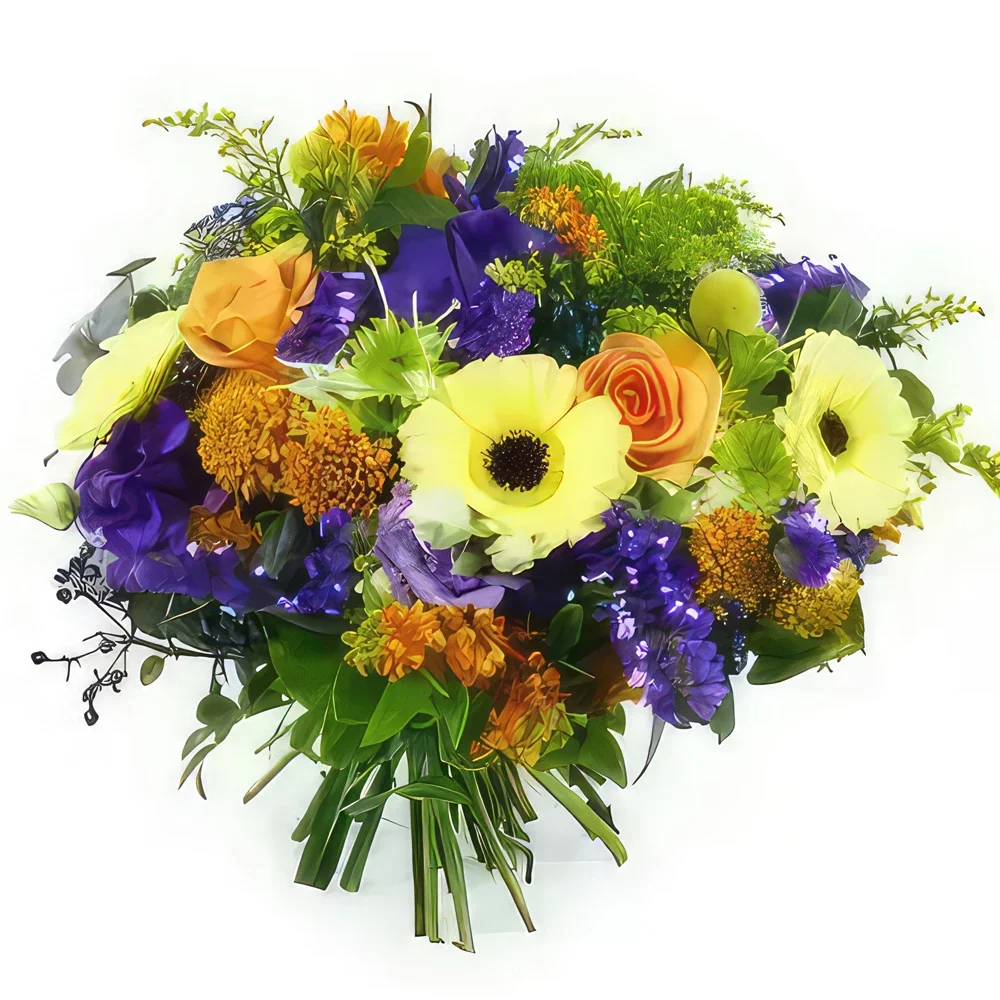 بائع زهور مونبلييه- بوكيه أمستردام البرتقالي والأصفر والأرجواني باقة الزهور