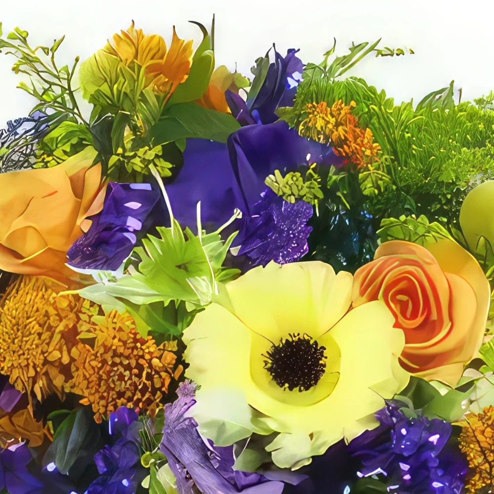 flores de Marselha- Buquê de laranja, amarelo e roxo Amsterdam Bouquet/arranjo de flor