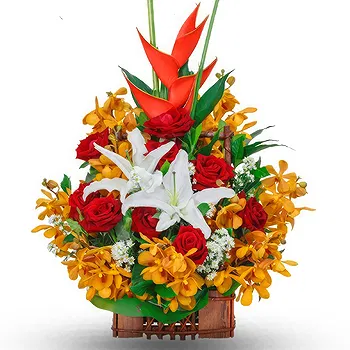 Ayer Puteh blomster- Rød, orange og hvid begravelseskomposition Blomst Levering