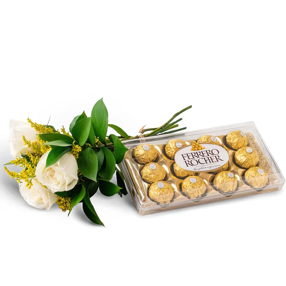 Σαλβαντόρ λουλούδια- Μπουκέτο από 3 λευκά τριαντάφυλλα και σοκολάτ Μπουκέτο/ρύθμιση λουλουδιών