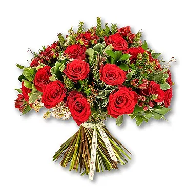 An-Najadah blomster- Bukett med kraftig rød rose og hypericum Blomsterarrangementer bukett