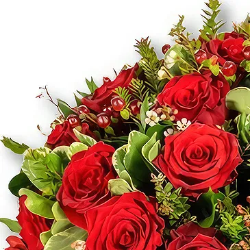 An-Najadah blomster- Bukett med kraftig rød rose og hypericum Blomsterarrangementer bukett