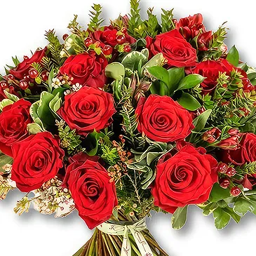 An-Najadah blomster- Bukett med kraftig rød rose og hypericum Blomsterarrangementer bukett