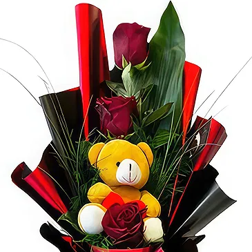 All other cities flowers  -  Fresh Roses & Yellow Teddy Flower Bouquet/Arrangement