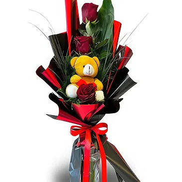 All other cities flowers  -  Fresh Roses & Yellow Teddy Flower Bouquet/Arrangement