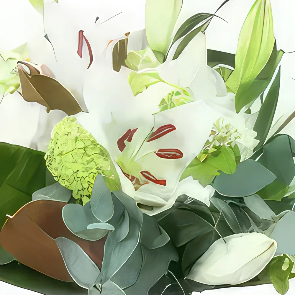 Бордо цветя- Букет от лилии и бели цветя Брюж Букет/договореност цвете