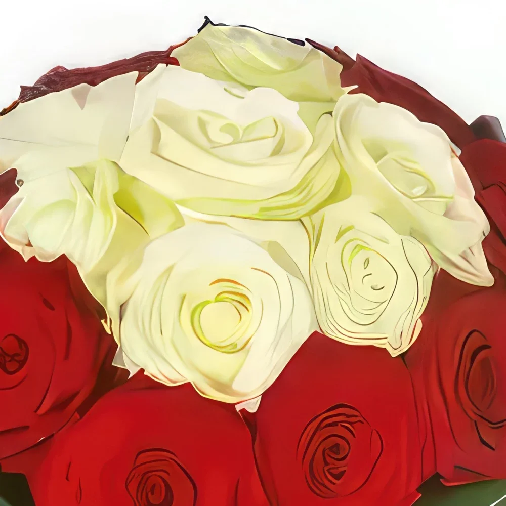 Pau-virágok- Csokor vörös és fehér rózsa Capri Virágkötészeti csokor
