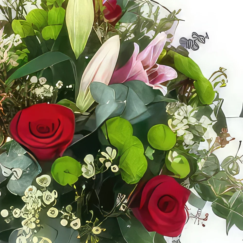 بائع زهور مونبلييه- باقة من الورود الحمراء والزنابق الوردية كورك باقة الزهور