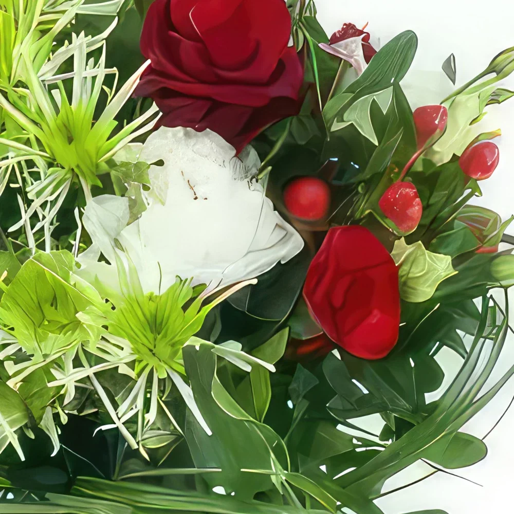 Pau-virágok- A csokor fehér, zöld és piros Palermo lett Virágkötészeti csokor