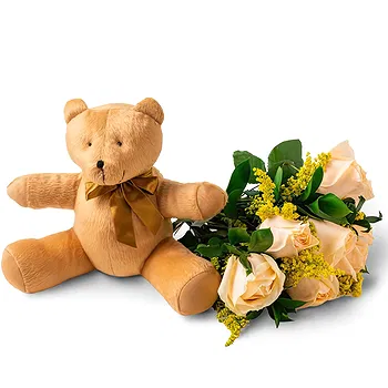 Brazil flowers  -  Bouquet of 8 Champagne and Teddybear Roses Delivery