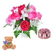 Nicosia Online Blumenhändler - Weißer und rosa Blumenstrauß mit Teddy und el Blumenstrauß