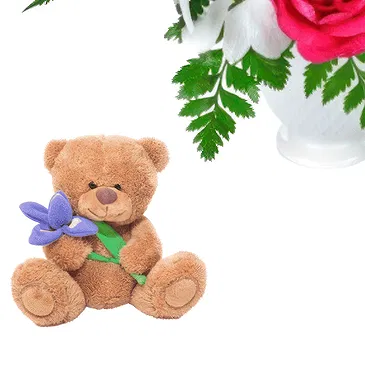 Riga-virágok- Fehér és rózsaszín csokor teddyvel és elegáns Virágkötészeti csokor