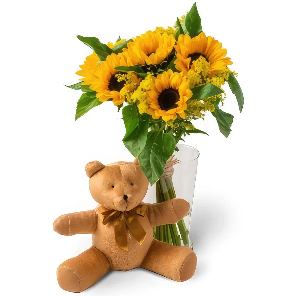 Recife blomster- Solsikker i vase og teddybear Blomsterarrangementer bukett