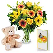 Tveita Online blomsterbutikk - Gule blomsterbukett med bamse og ca Bukett