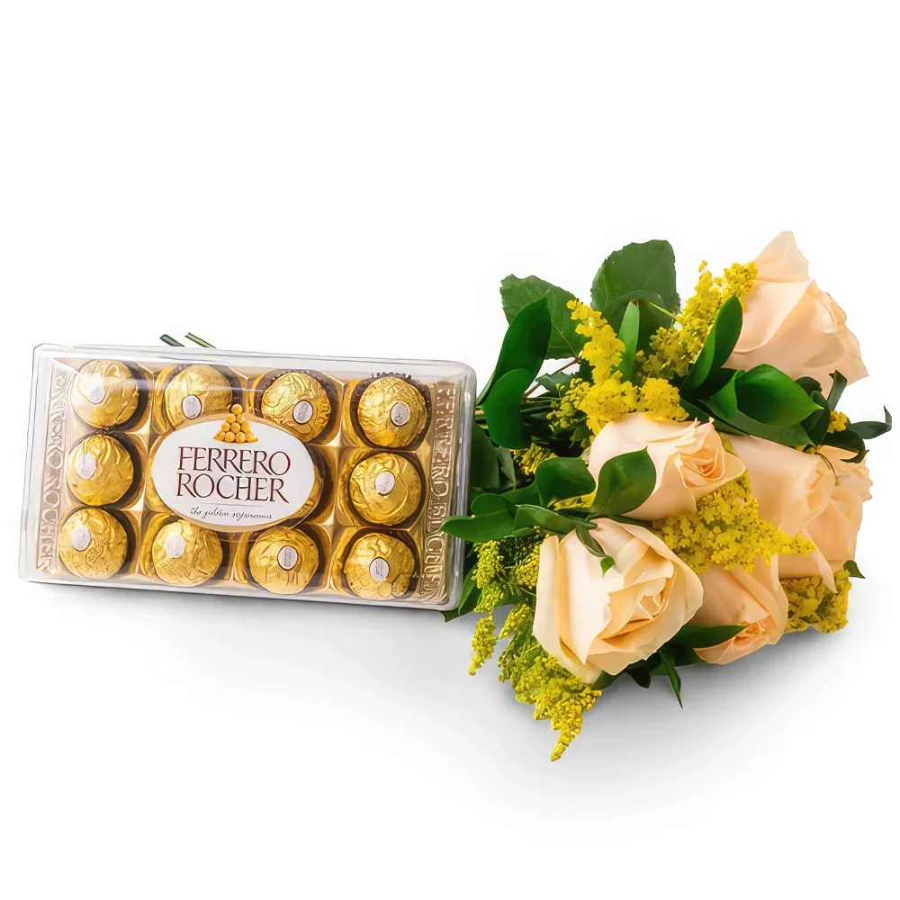 Salvador blomster- Bukett med 8 champagne og sjokoladeroser Blomsterarrangementer bukett