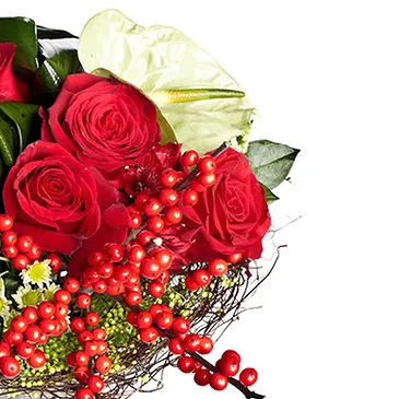 Italië bloemen bloemist- Kerstboeket met Rozen en Anthurium Boeket/bloemstuk