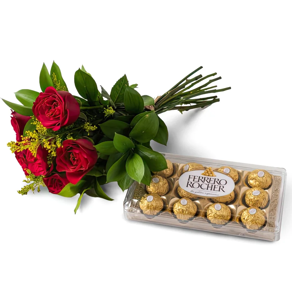 Belém blomster- Bukett med 6 røde roser og sjokolade Blomsterarrangementer bukett