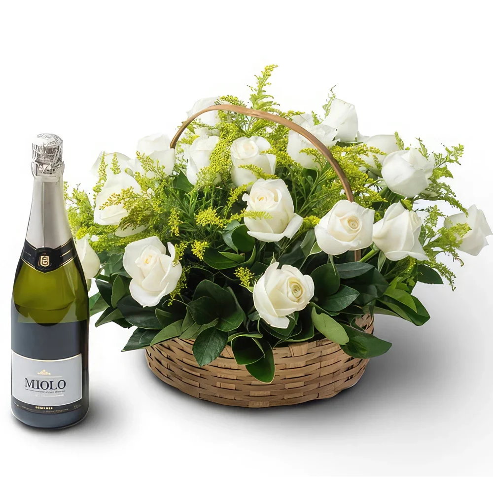 بائع زهور ساو باولو- سلة مع 24 الورود البيضاء والنبيذ الفوار باقة الزهور