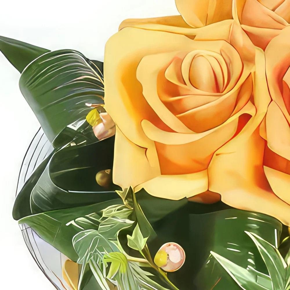 Pau-virágok- A narancssárga rózsák okker összetétele Virágkötészeti csokor