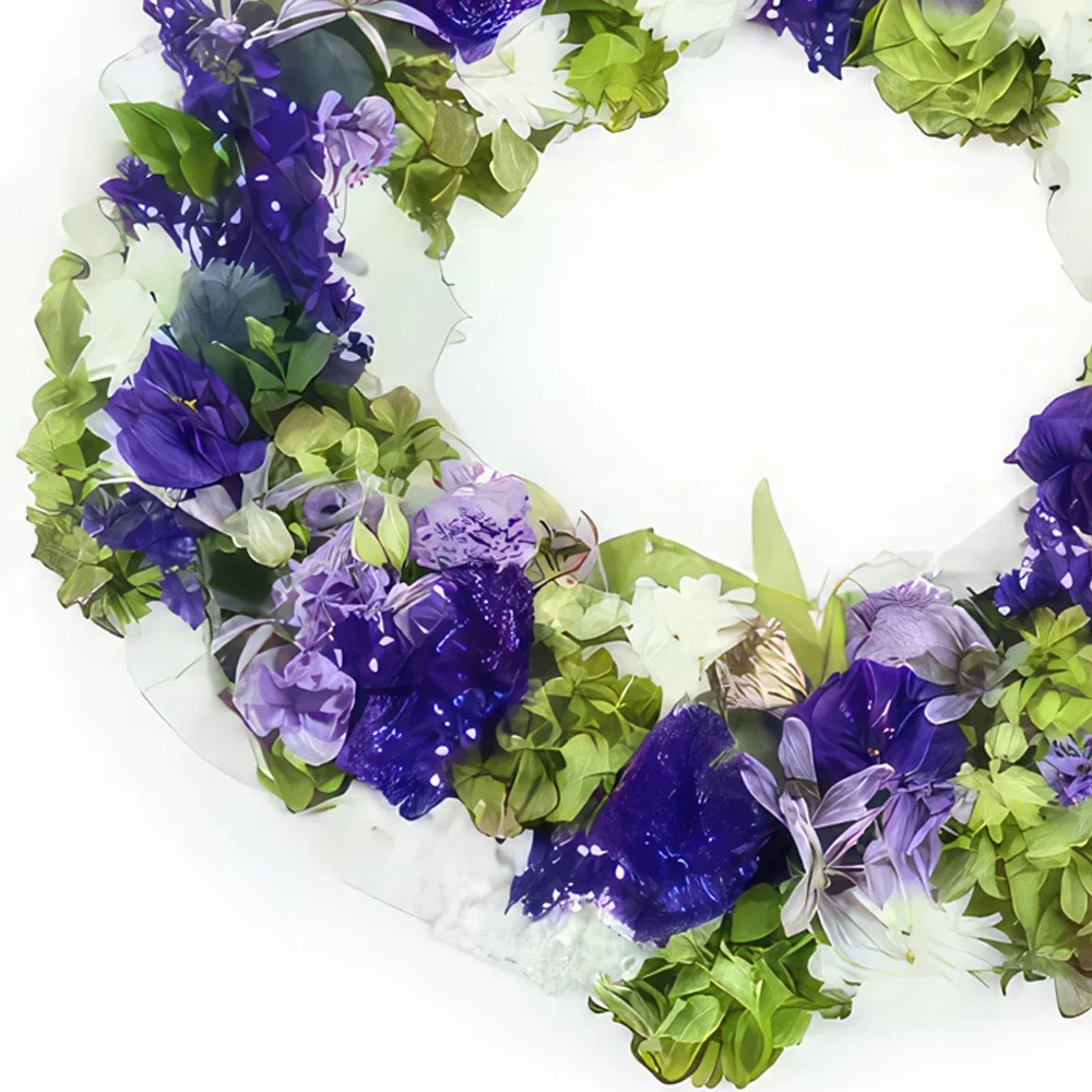 fleuriste fleurs de Toulouse- Couronne de fleurs bleues, mauves & blanches  Bouquet/Arrangement floral