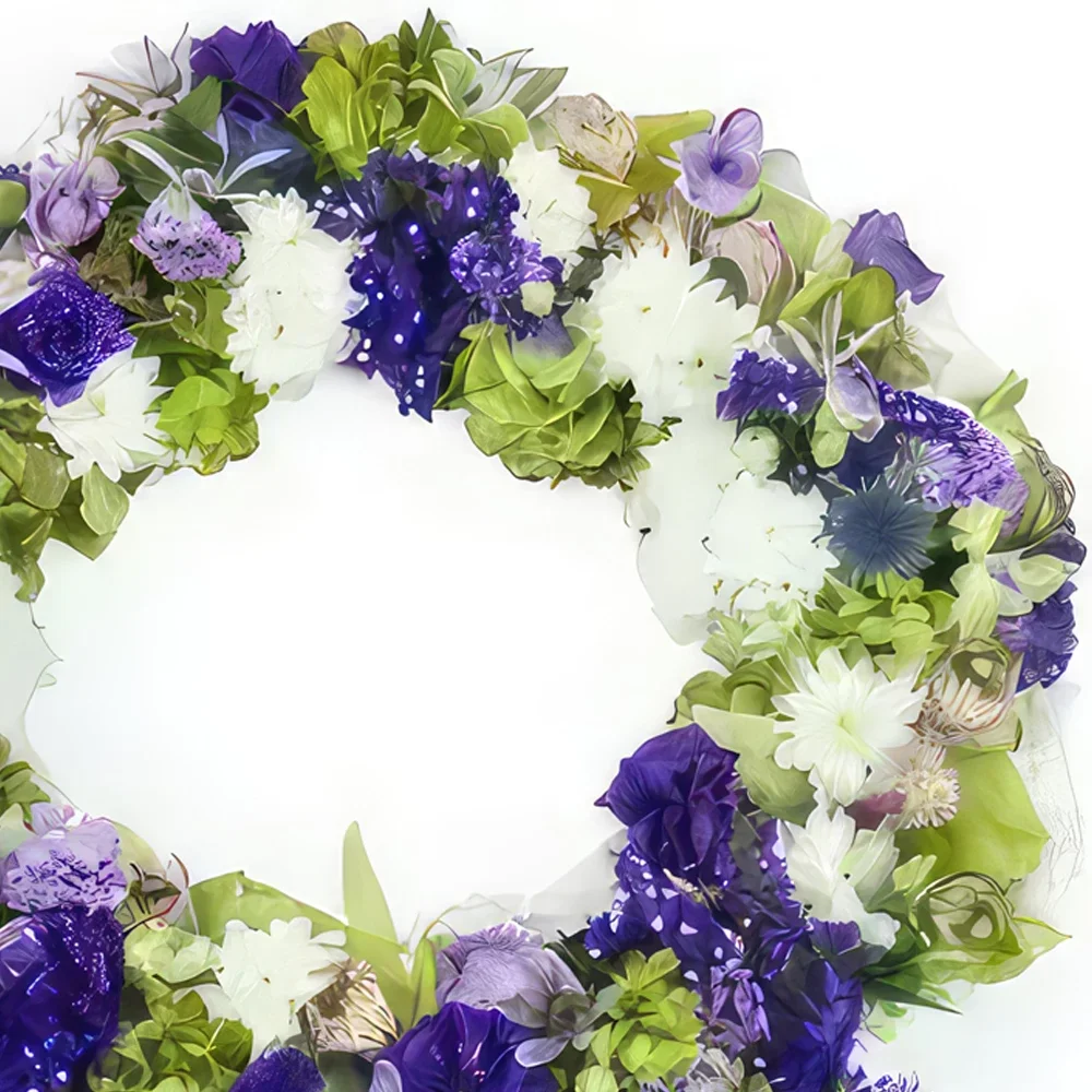 fleuriste fleurs de Bordeaux- Couronne de fleurs bleues, mauves & blanches  Bouquet/Arrangement floral