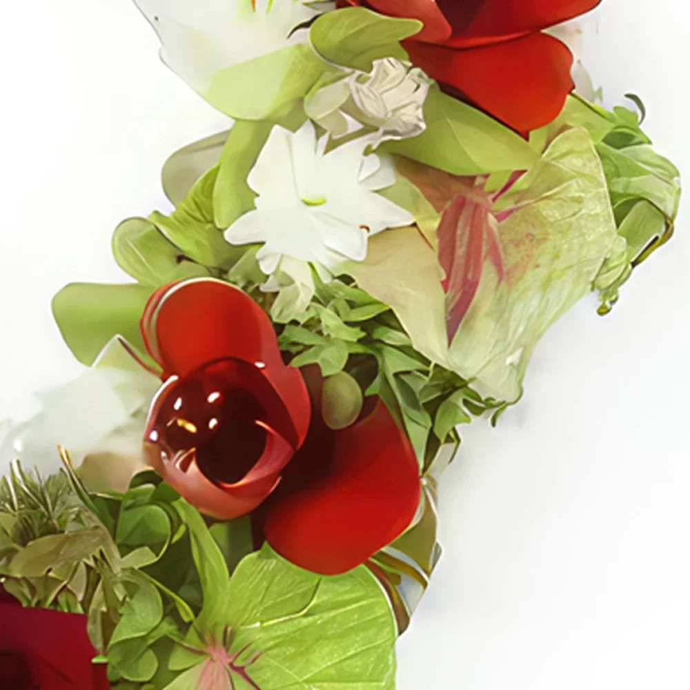 Pau-virágok- Korona vörös-fehér Apollodore virágokból Virágkötészeti csokor